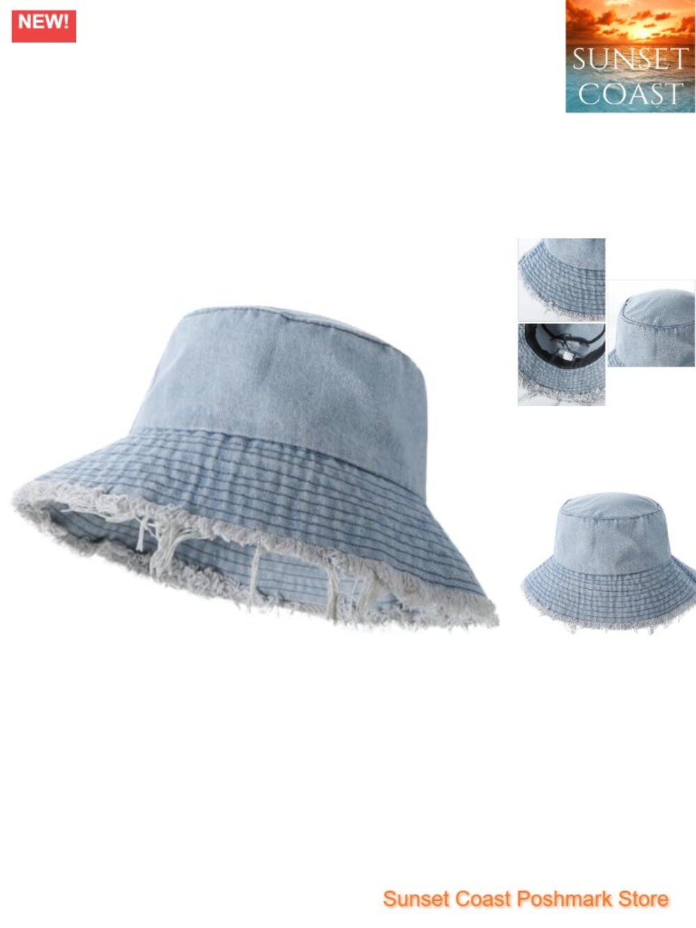 Frayed Denim Bucket Hat Distressed Fisherman Cap Wide Brim Packable Beach Sun